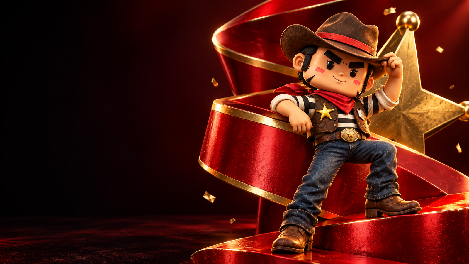 Hunter leaning against a sculpted red ribbon with a golden sheriff star