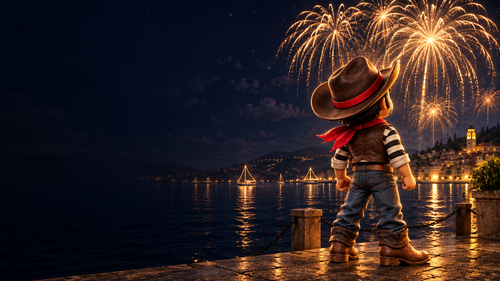 Hunter watches golden fireworks across the water, a new night waiting to happen