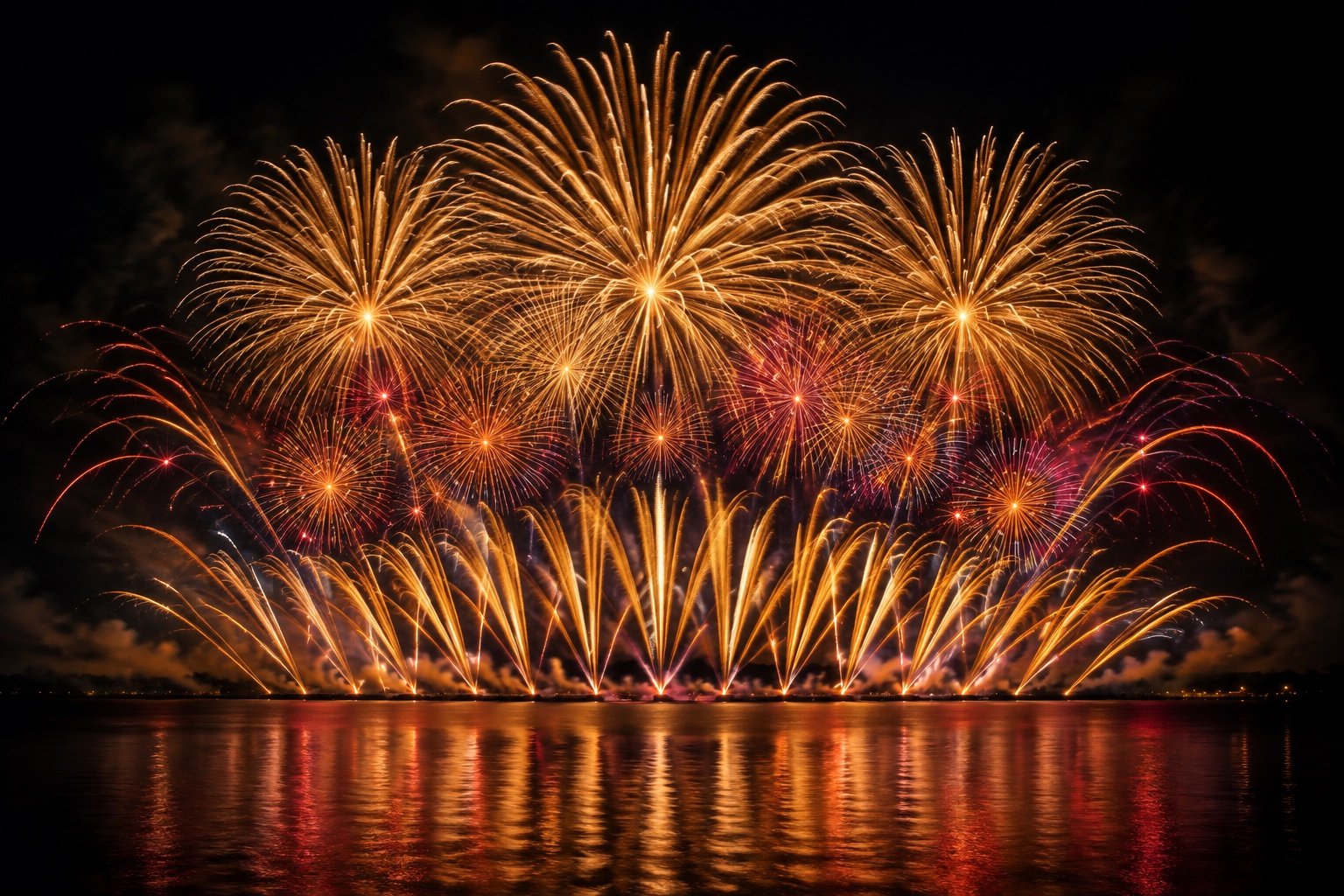 Concept illustration of a golden fireworks display over water